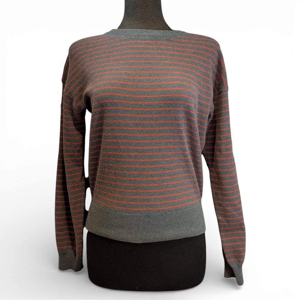 prAna Women's Crew Sweater Milani Gray‎ Orange Striped Waffleknit Cotton Wool S